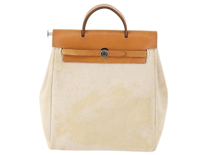 Hermès HERMES Herbag Ad PM Rucksack Canvas Leder 2in1 Beige Silber Auth 172481 - Ansicht 2