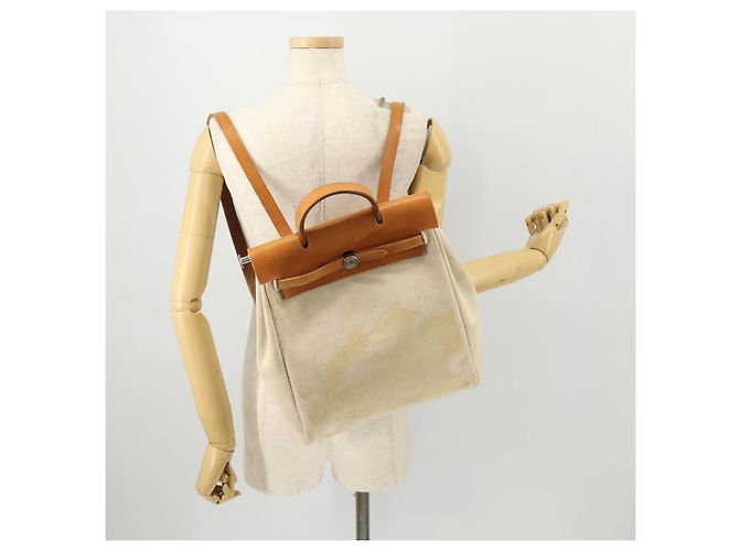 Hermès HERMES Herbag Ad PM Rucksack Canvas Leder 2in1 Beige Silber Auth 172481 - Ansicht 27