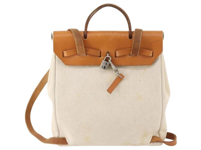 Hermès HERMES Herbag Ad PM Rucksack Canvas Leder 2in1 Beige Silber Auth 172481 - Ansicht 3