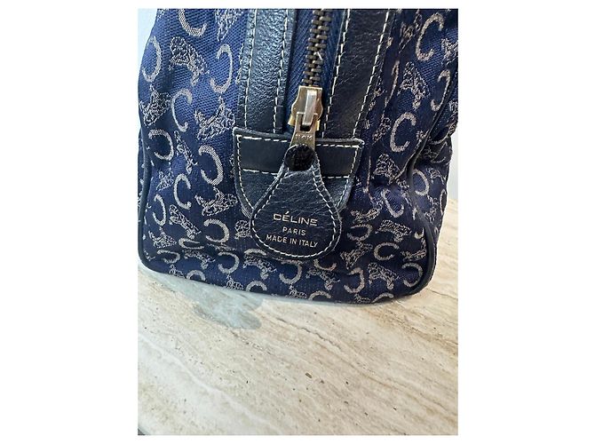 Céline Borsa Boston Celine in tela monogramma blu navy e pelle nera Nero - vista 10