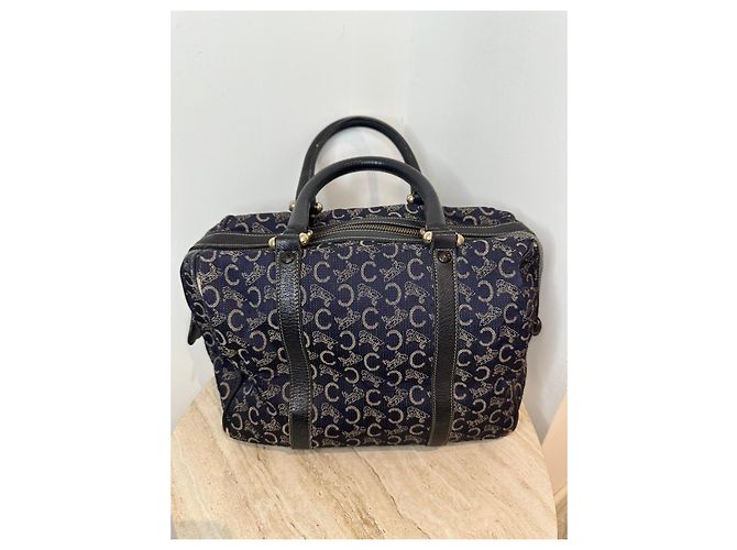 Céline Borsa Boston Celine in tela monogramma blu navy e pelle nera Nero - vista 11