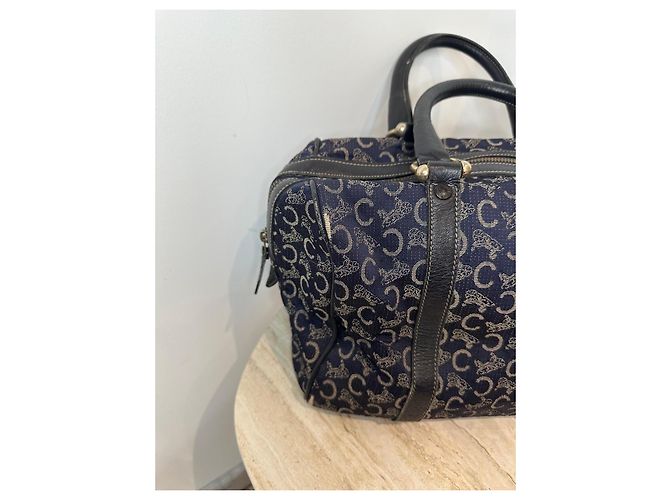 Céline Borsa Boston Celine in tela monogramma blu navy e pelle nera Nero - vista 12
