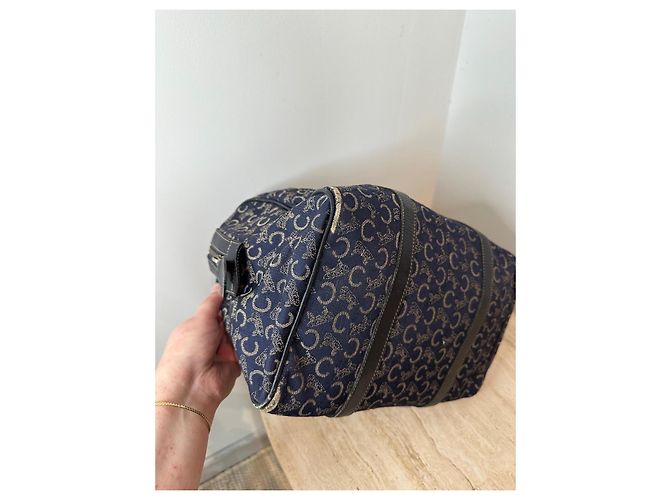 Céline Borsa Boston Celine in tela monogramma blu navy e pelle nera Nero - vista 13
