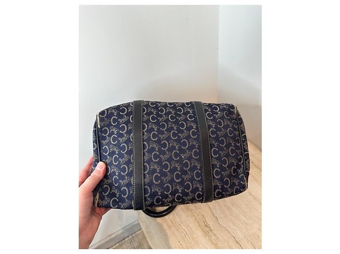 Céline Borsa Boston Celine in tela monogramma blu navy e pelle nera Nero - vista 14