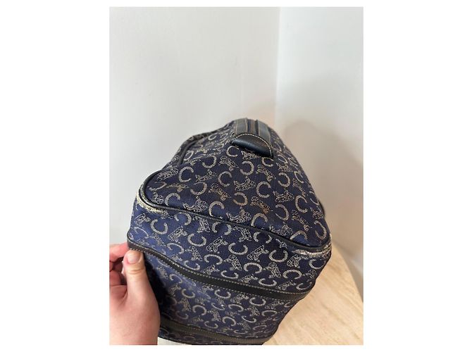 Céline Borsa Boston Celine in tela monogramma blu navy e pelle nera Nero - vista 15