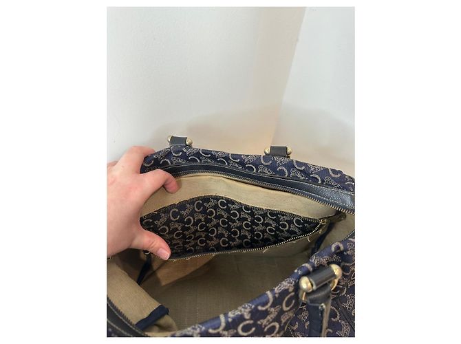 Céline Borsa Boston Celine in tela monogramma blu navy e pelle nera Nero - vista 17