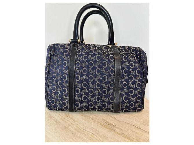 Céline Borsa Boston Celine in tela monogramma blu navy e pelle nera Nero - vista 2