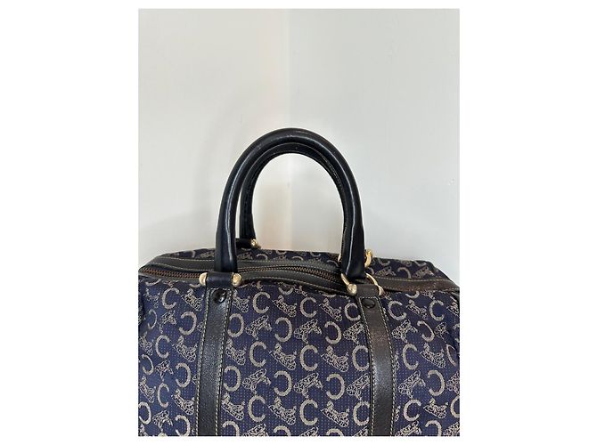 Céline Borsa Boston Celine in tela monogramma blu navy e pelle nera Nero - vista 3