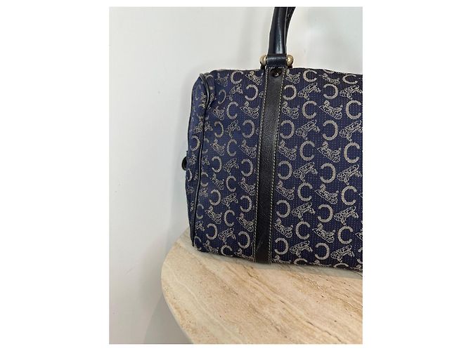 Céline Borsa Boston Celine in tela monogramma blu navy e pelle nera Nero - vista 4