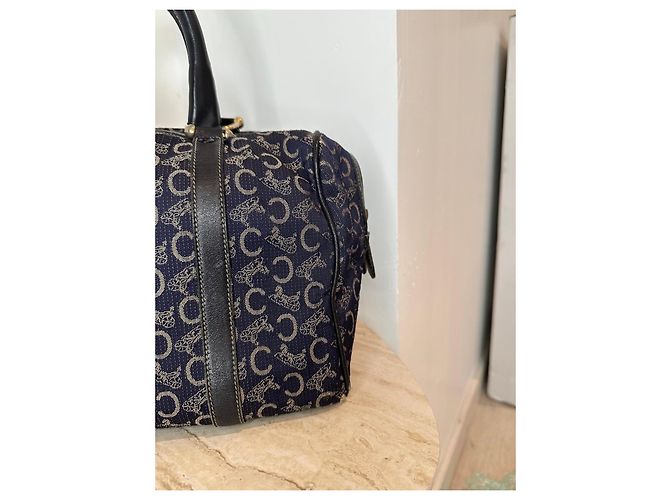 Céline Borsa Boston Celine in tela monogramma blu navy e pelle nera Nero - vista 5