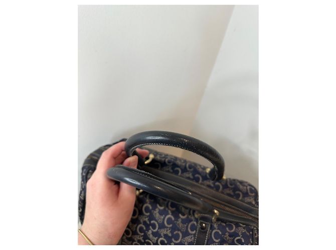 Céline Borsa Boston Celine in tela monogramma blu navy e pelle nera Nero - vista 6