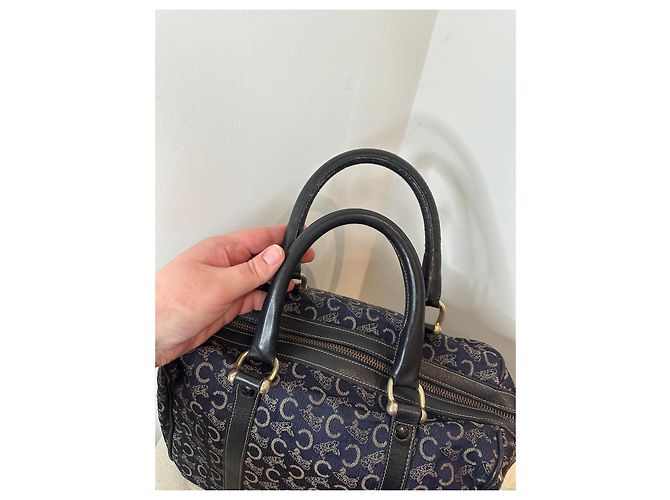 Céline Borsa Boston Celine in tela monogramma blu navy e pelle nera Nero - vista 7