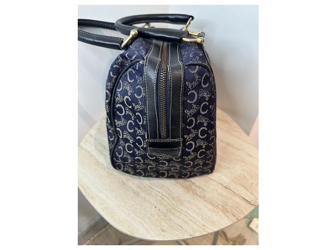 Céline Borsa Boston Celine in tela monogramma blu navy e pelle nera Nero - vista 8