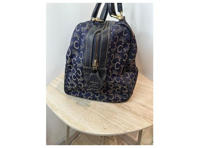 Céline Borsa Boston Celine in tela monogramma blu navy e pelle nera Nero - vista 9