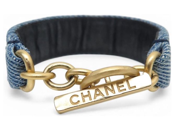 BRACCIALE LOGO CHANEL AB3354 METALLO DORATO & DENIM BLU 15.5CM BRACCIALE IN JEANS BLU - vista 3
