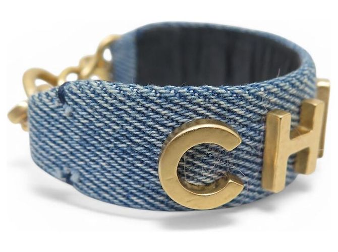 BRACCIALE LOGO CHANEL AB3354 METALLO DORATO & DENIM BLU 15.5CM BRACCIALE IN JEANS BLU - vista 4