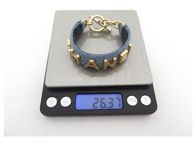 BRACCIALE LOGO CHANEL AB3354 METALLO DORATO & DENIM BLU 15.5CM BRACCIALE IN JEANS BLU - vista 5
