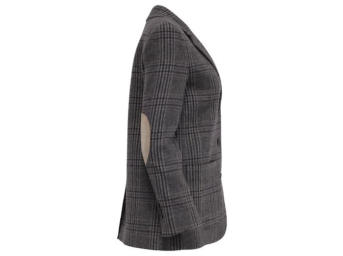 Theory Elbow-Patch Plaid Blazer in Grey Wool - view 3