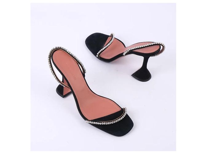 Sandali Amina Muaddi Jade Satin Nero Strass - vista 2
