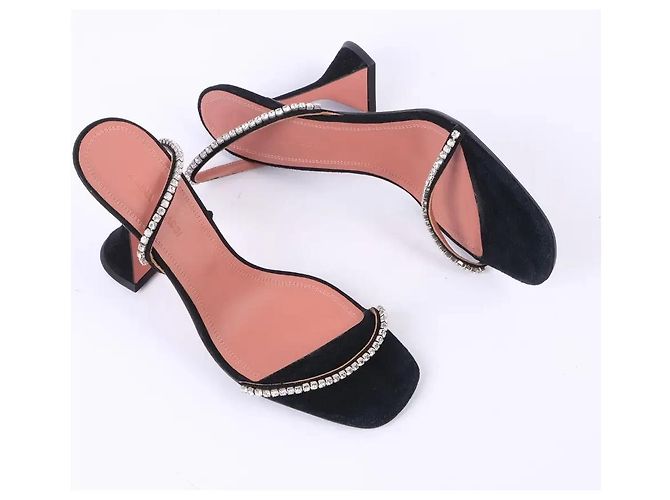 Sandali Amina Muaddi Jade Satin Nero Strass - vista 3