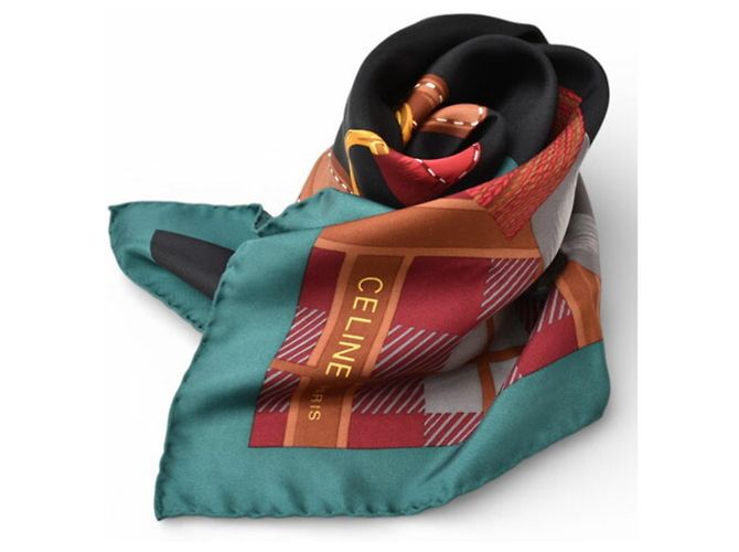 Céline Cachecol de seda Celine Preto Vermelho Verde - vista 8