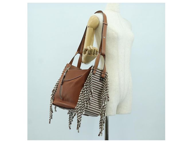 LOEWE Hammock Piccola Borsa a Mano Tela Pelle 2in1 Marrone Argento Auth BAZ780V - vista 24