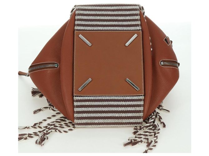 LOEWE Hammock Piccola Borsa a Mano Tela Pelle 2in1 Marrone Argento Auth BAZ780V - vista 5