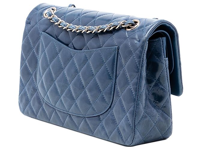 Chanel Media Classica Pelle di Vitello Lucida Camelia Doppio Ribalta Blu - vista 2