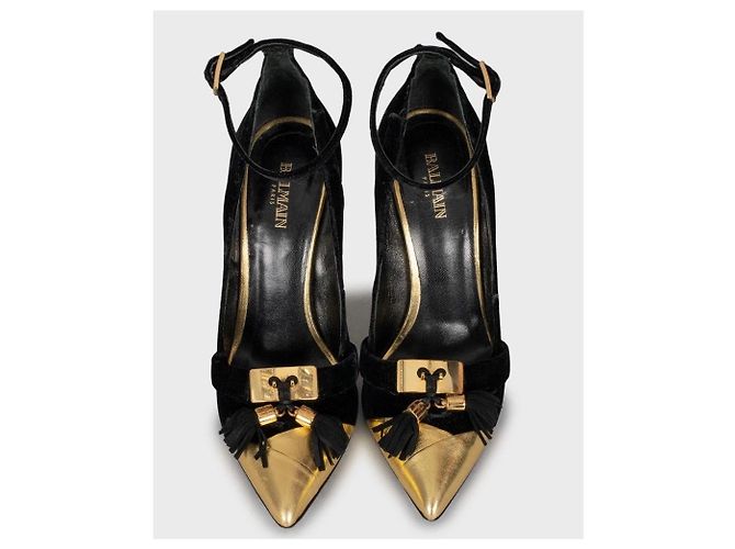 Schwarze Samtpumps von Balmain mit goldenen Absätzen Größe 38,5 gebraucht - Ansicht 2