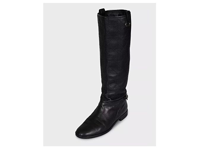Botas planas acolchoadas chiques Christian Dior - Couro preto EU 37,5 usadas - vista 3