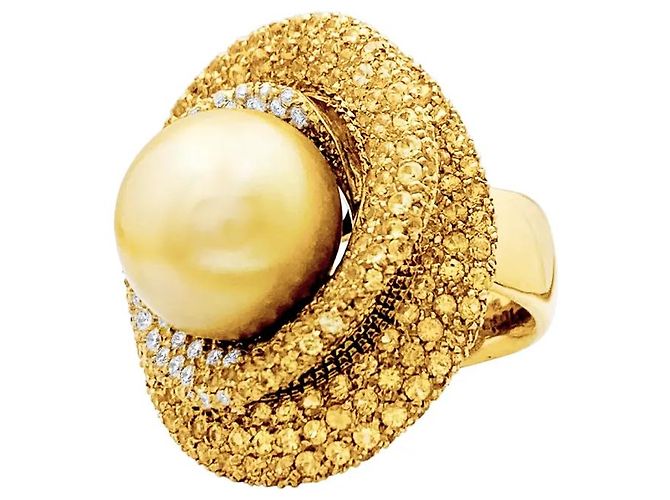 Autre Marque Goldring mit Perle, weißen Diamanten, farbigen Saphiren, Gelbgold. - Ansicht 2