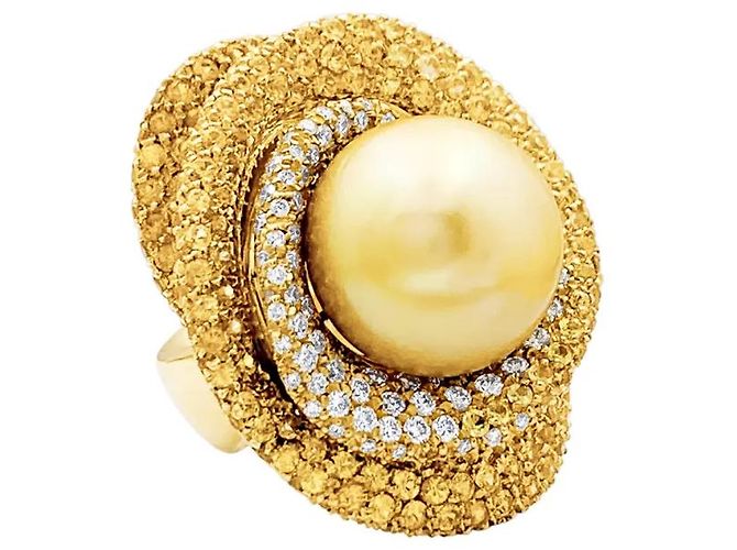Autre Marque Goldring mit Perle, weißen Diamanten, farbigen Saphiren, Gelbgold. - Ansicht 3