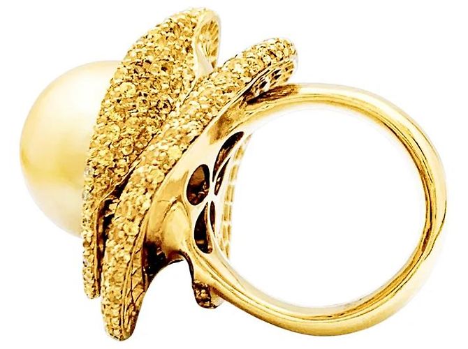 Autre Marque Goldring mit Perle, weißen Diamanten, farbigen Saphiren, Gelbgold. - Ansicht 5