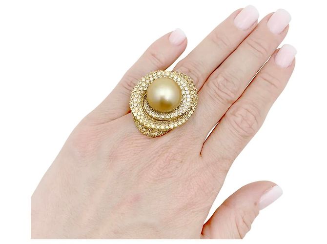 Autre Marque Goldring mit Perle, weißen Diamanten, farbigen Saphiren, Gelbgold. - Ansicht 6