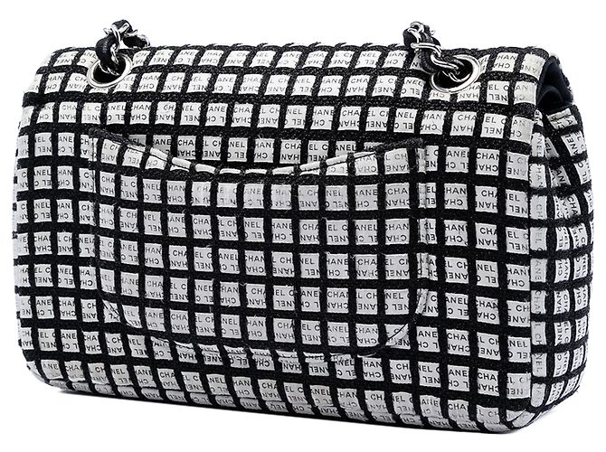 Chanel Nero Medio Classico Nastro e Tweed Logo Doppio Flap - vista 2