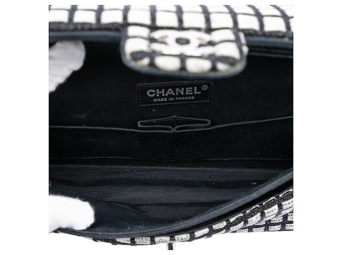 Chanel Nero Medio Classico Nastro e Tweed Logo Doppio Flap - vista 4