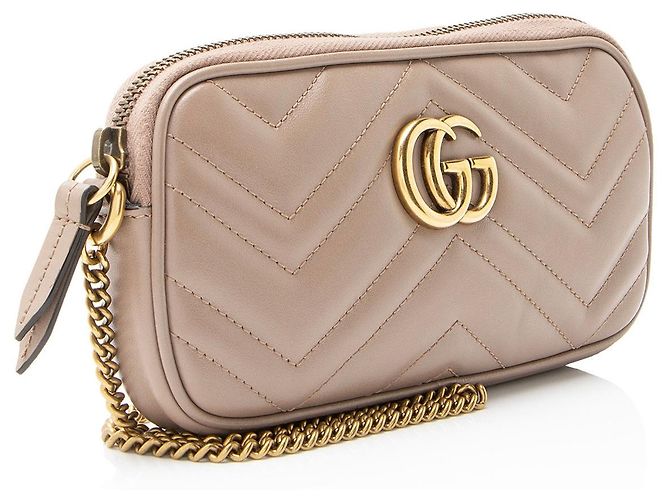 Gucci Matelassé Pelle GG Marmont Piccola Borsa a Spalla Marrone Beige - vista 2