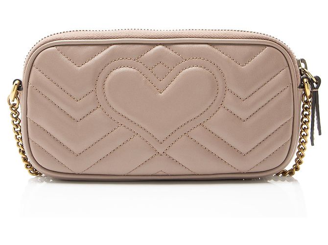 Gucci Matelassé Pelle GG Marmont Piccola Borsa a Spalla Marrone Beige - vista 3