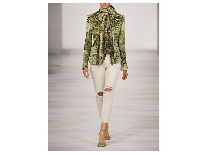 Roberto Cavalli camicia in seta con collo a sciarpa Bianco Verde - vista 2