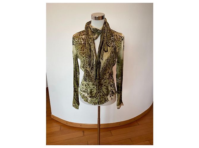 Roberto Cavalli camicia in seta con collo a sciarpa Bianco Verde - vista 3