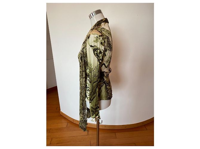 Roberto Cavalli camicia in seta con collo a sciarpa Bianco Verde - vista 5