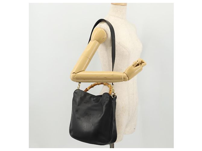 Borsa a Spalla in Pelle Gucci Bamboo 2way Nero Oro 001 1781 1638 Auth hk3622 D'oro - vista 23