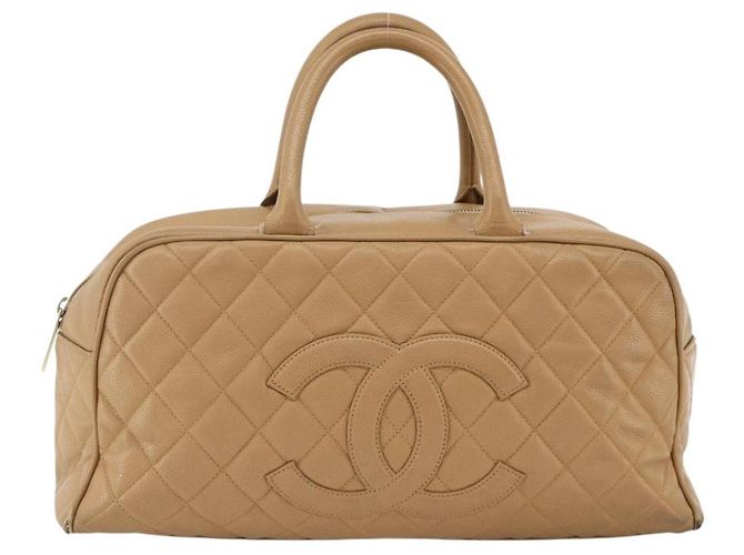 CHANEL Borsa Boston Matelassé Pelle Caviar Beige Oro CC Auth mr2295 D'oro - vista 13