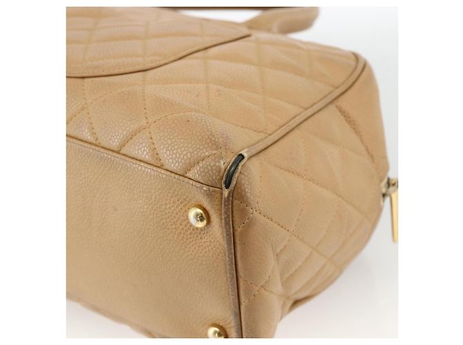 CHANEL Borsa Boston Matelassé Pelle Caviar Beige Oro CC Auth mr2295 D'oro - vista 15