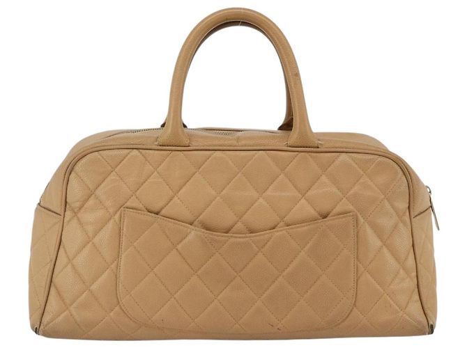 CHANEL Borsa Boston Matelassé Pelle Caviar Beige Oro CC Auth mr2295 D'oro - vista 2
