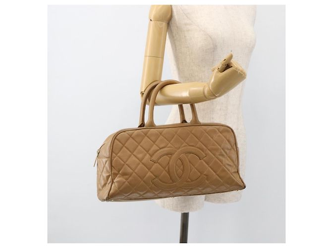 CHANEL Borsa Boston Matelassé Pelle Caviar Beige Oro CC Auth mr2295 D'oro - vista 22