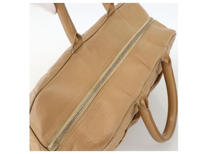 CHANEL Borsa Boston Matelassé Pelle Caviar Beige Oro CC Auth mr2295 D'oro - vista 6