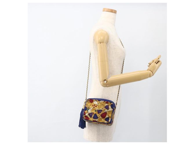 CHANEL Borsa a Spalla Matelassé Catena Satin Blu Oro CC Auth BAZ668V D'oro - vista 24