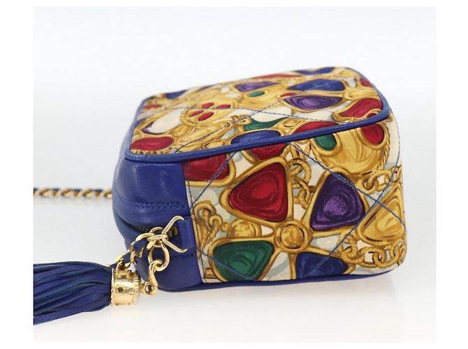 CHANEL Borsa a Spalla Matelassé Catena Satin Blu Oro CC Auth BAZ668V D'oro - vista 3