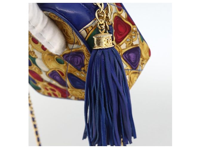 CHANEL Borsa a Spalla Matelassé Catena Satin Blu Oro CC Auth BAZ668V D'oro - vista 8